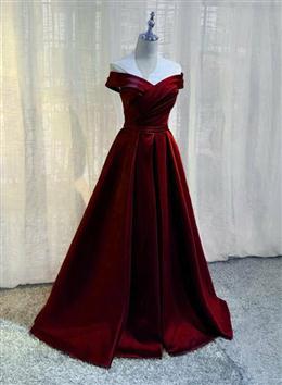 Picture of Pretty Burgundy A-line Floor Length Satin Prom Dresses Party Dresses, Wine Red Color Long Formal Dresses